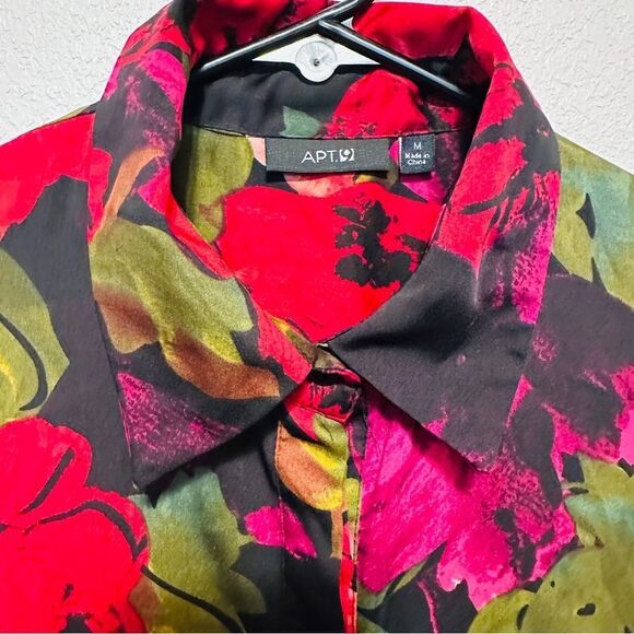 90s Red Black Floral Blouse - Oversized Poppy Print - Dark Winter Floral - M - Picture 5 of 9